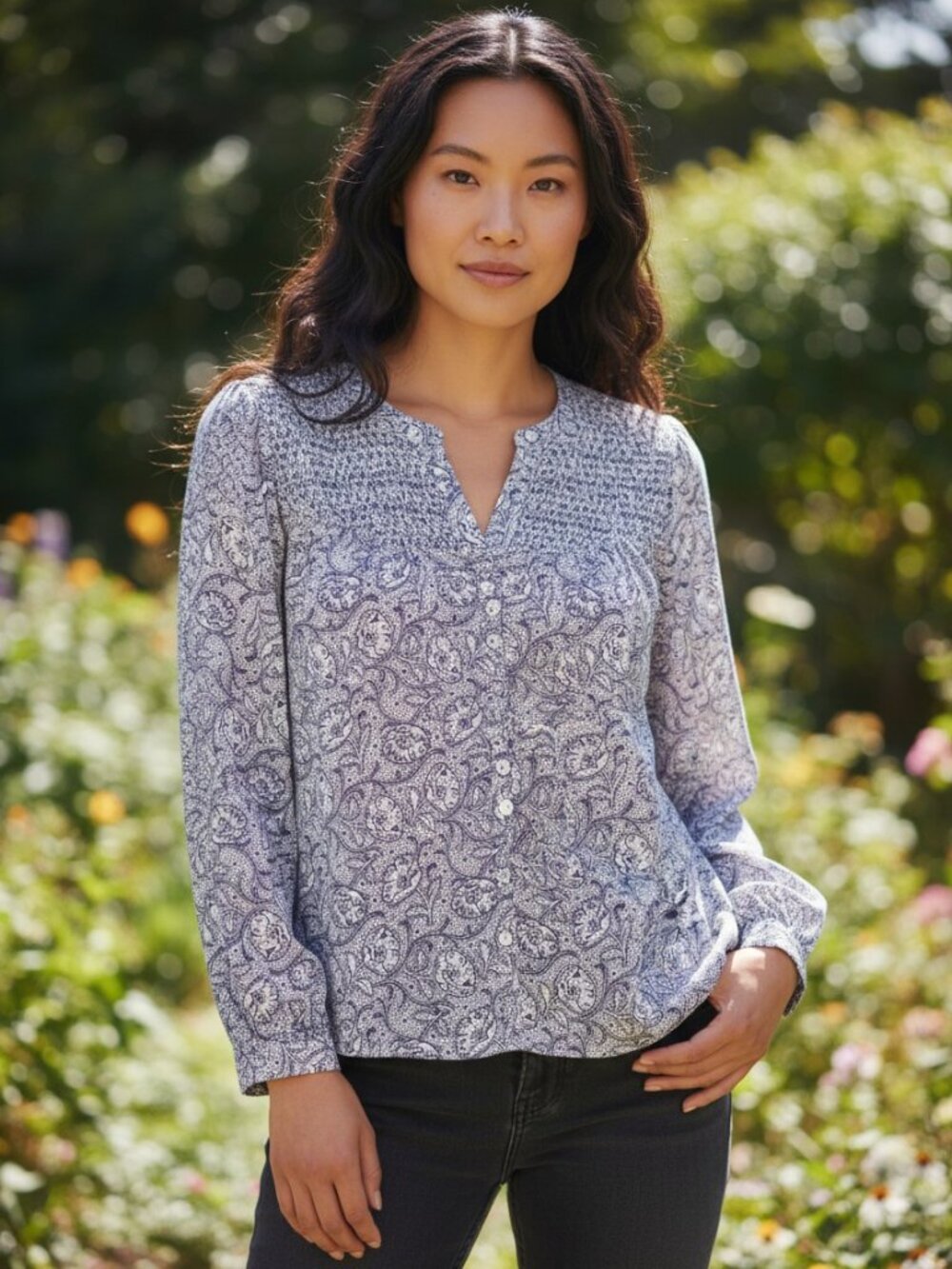Lucky Brand XS Floral Long Sleeve Smocked Blue & White Blouse